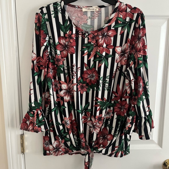 Floral Striped Blouse with Tie Front - Picture 1 of 1